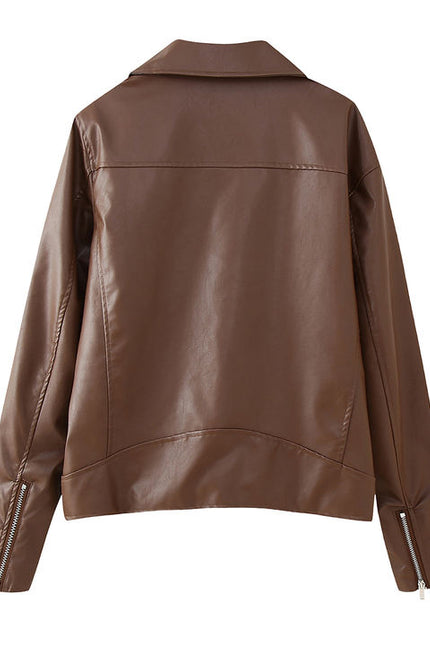 2 Colorway Notched Collar Long Sleeve Solid Color Zipper Fly Casual Fashion PU Leather Motorcycle Jacket for Women