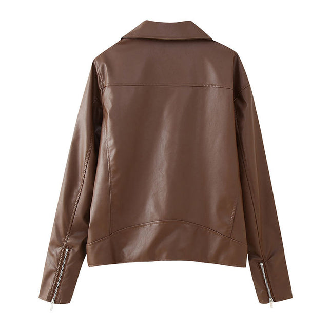 2 Colorway Notched Collar Long Sleeve Solid Color Zipper Fly Casual Fashion PU Leather Motorcycle Jacket for Women