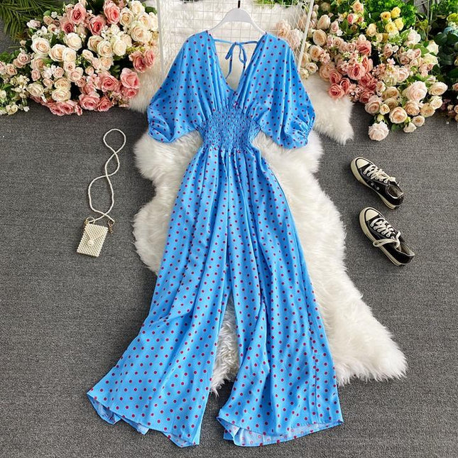 Women Sexy Polka Dot Jumpsuits Romper Thin Ladies Loose Wide Leg Pants Overalls Playsuits Jumpsuits Casual