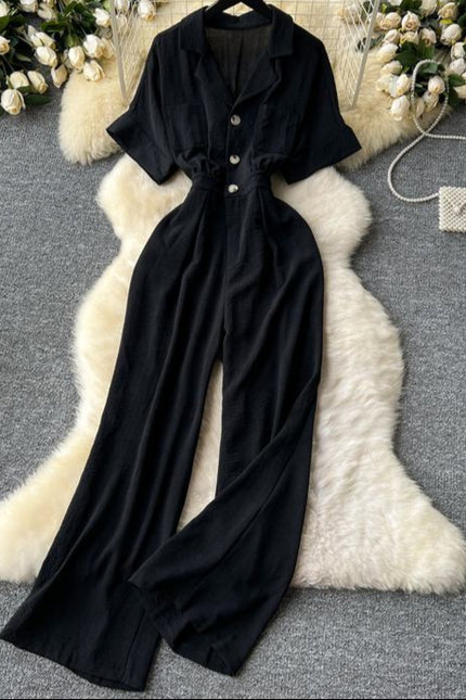 Summer Women's New Jumpsuit Lapel Short Sleeve High Waist Casual Jumpsuit
