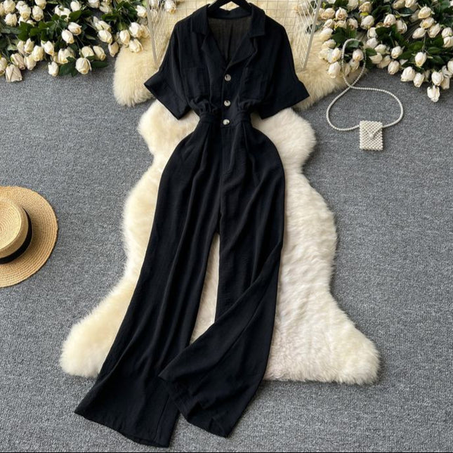 Summer Women's New Jumpsuit Lapel Short Sleeve High Waist Casual Jumpsuit