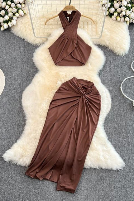 Summer Sexy Suit Women's Hanging Neck Cross Wrap Chest Top Split Wrap Hip Middle Length Skirt Two-piece Set
