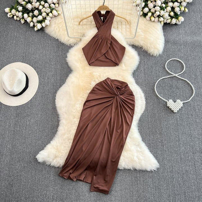 Summer Sexy Suit Women's Hanging Neck Cross Wrap Chest Top Split Wrap Hip Middle Length Skirt Two-piece Set