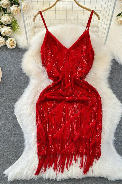 Women Sequined Tassel V-neck Mini Party Dresses Solid Color Luxury French Clubwear Straps Dress