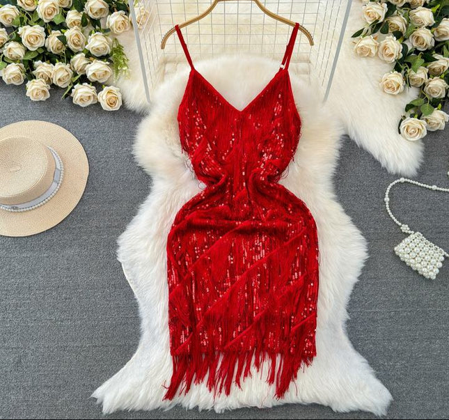 Women Sequined Tassel V-neck Mini Party Dresses Solid Color Luxury French Clubwear Straps Dress
