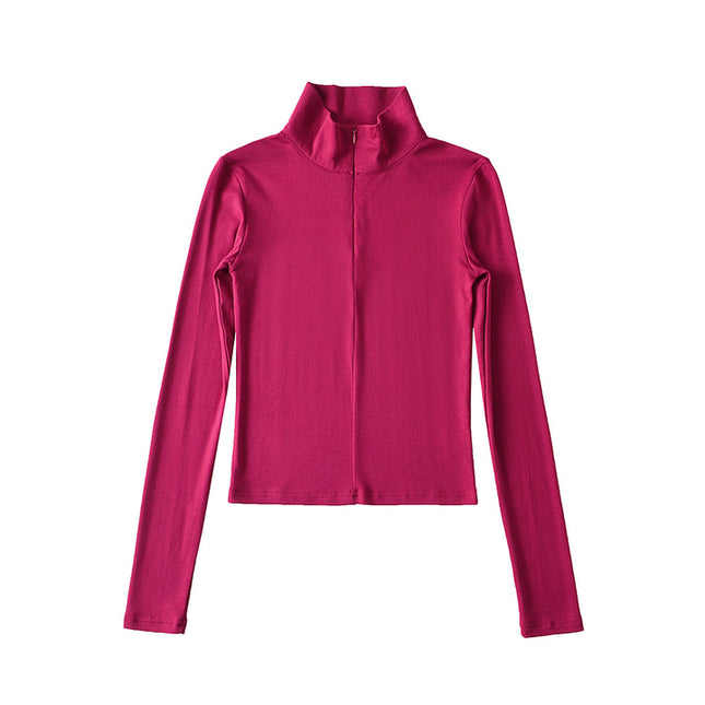 Turtleneck Collar Solid Color Long Sleeve Zipper Fly Casual Women t Shirt