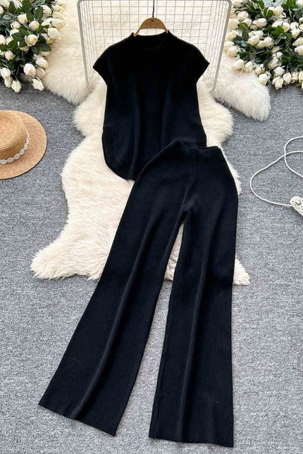 Two-piece Knitted Suit for Women Loose-fitting Round-neck Sleeveless Top Slit High-waisted Wide-leg Trousers