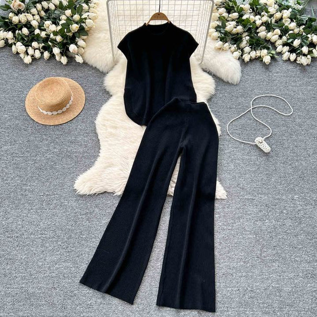 Two-piece Knitted Suit for Women Loose-fitting Round-neck Sleeveless Top Slit High-waisted Wide-leg Trousers