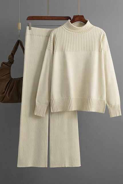 Loose Long Sleeve High Neck Top Wide Leg Pants Ladies Clothing Two Piece Knit Sweater Set