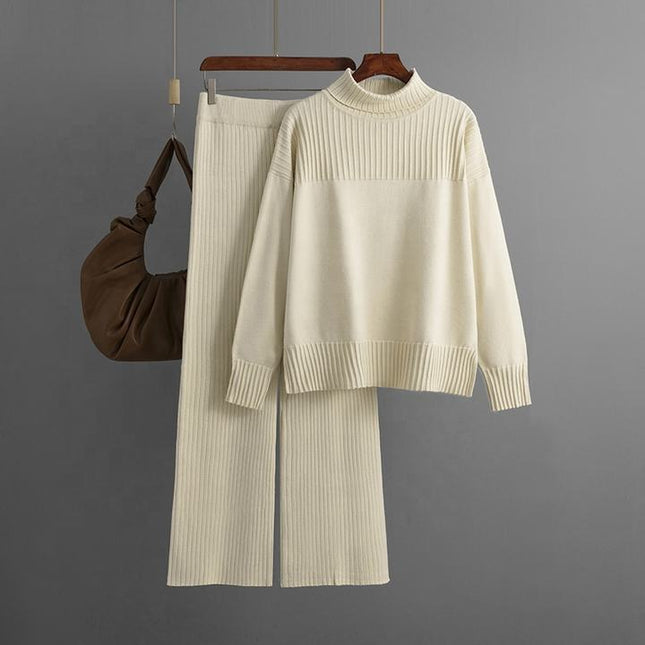 Loose Long Sleeve High Neck Top Wide Leg Pants Ladies Clothing Two Piece Knit Sweater Set
