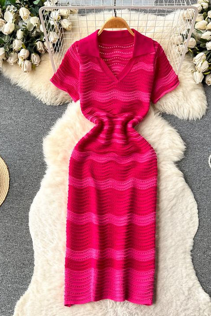 Short Sleeved Striped Knit Dress Women'S Summer New Hollow V-Neck Dresses