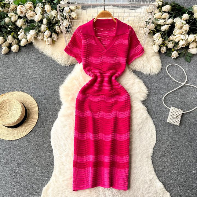 Short Sleeved Striped Knit Dress Women'S Summer New Hollow V-Neck Dresses