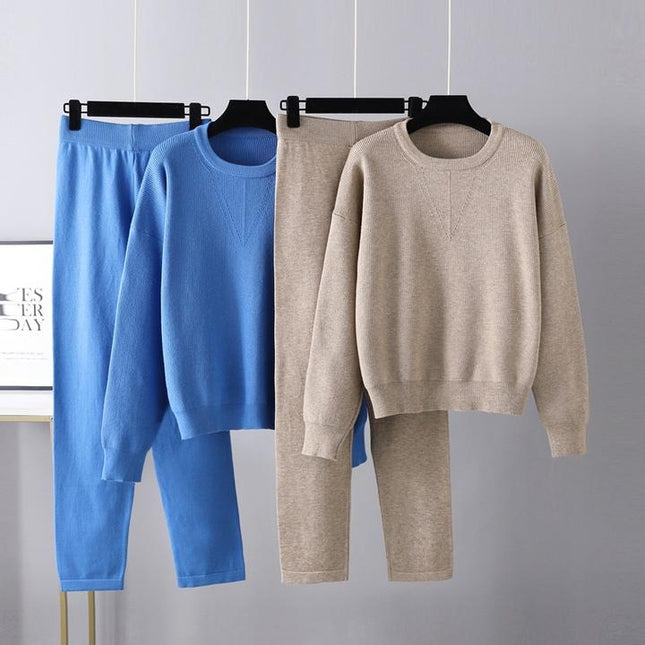 Autumn and Winter Ladies' Casual Set New Loose Sweater Two Piece Pants Set Solid Color Knitting Set Female Fashion