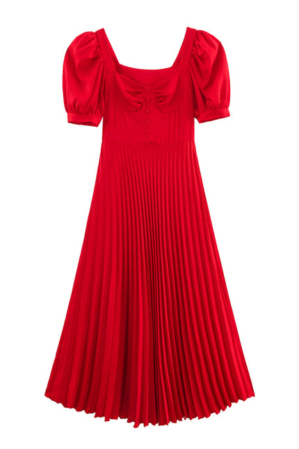 Square Collar Red Color Short Sleeve Buttons up Hot Sale Casual Fashion Pleated Long Dress for Women