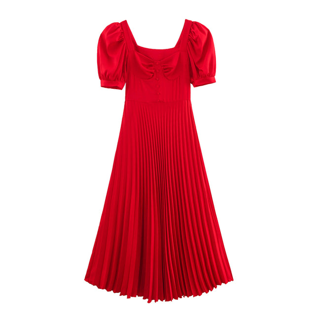 Square Collar Red Color Short Sleeve Buttons up Hot Sale Casual Fashion Pleated Long Dress for Women