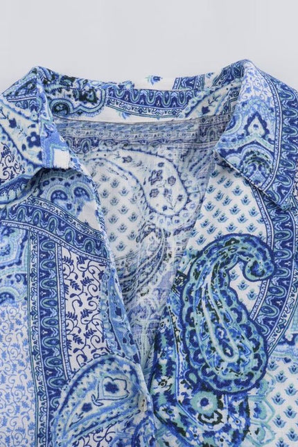 Floral Print Turn Down Collar Long Sleeve Buttons up Blue Color Casual Fashion Blouse Tops for Women