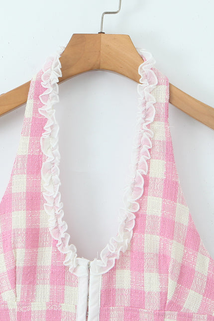 Back Hollow Out pink Color Plaid Print Hot Sale Casual Fashion Summer Mini Halter Dress for Women