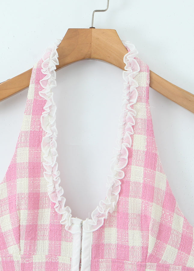 Back Hollow Out pink Color Plaid Print Hot Sale Casual Fashion Summer Mini Halter Dress for Women