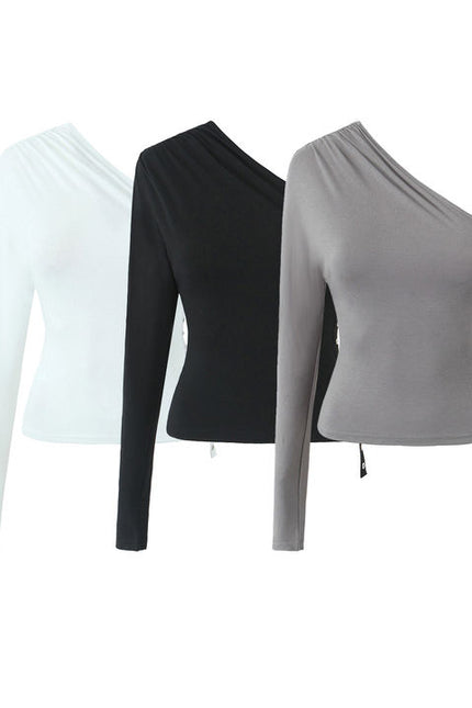 3 Colorway Asymmetrical Design Solid Color Long Sleeve Pleated Casual Fashion Women t Shirt