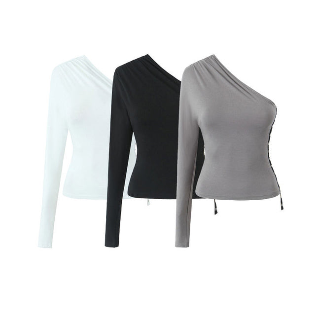 3 Colorway Asymmetrical Design Solid Color Long Sleeve Pleated Casual Fashion Women t Shirt