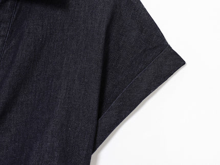 Turn Down Collar Buttons up Short Sleeve Denim Blue Color Casual Fashion Jeans Shirt Dress for Women