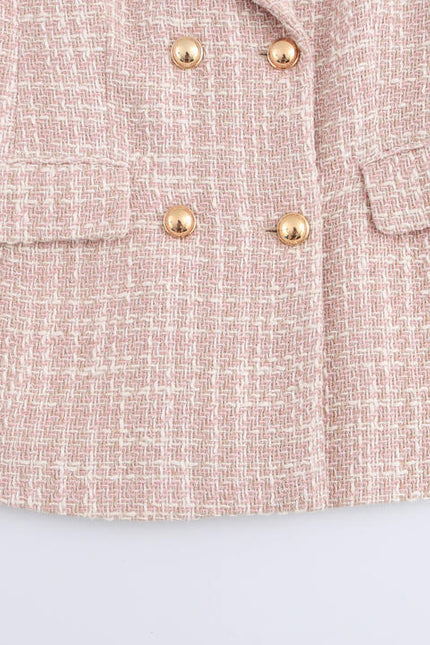 Notched Collar pink Color Double Breasted Long Sleeve Plaid Pattern Casual Fashion blazer for Women