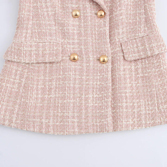 Notched Collar pink Color Double Breasted Long Sleeve Plaid Pattern Casual Fashion blazer for Women