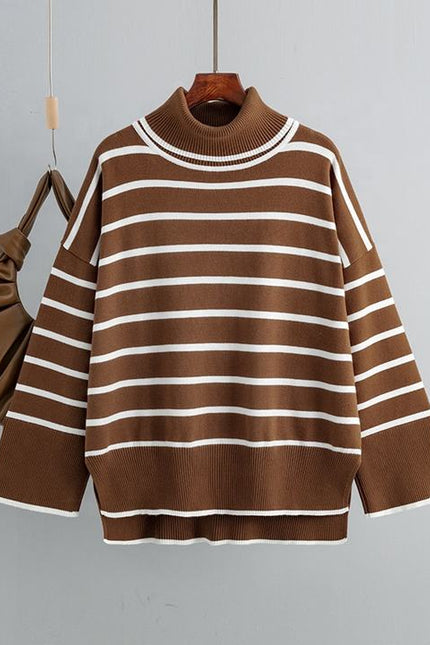 Spring Autumn Vintage Versatile High Neck Striped Loose Sweater Women's Sweater Top