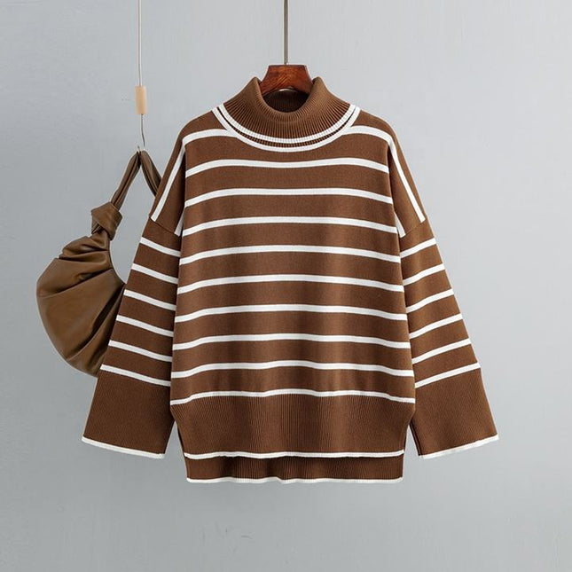Spring Autumn Vintage Versatile High Neck Striped Loose Sweater Women's Sweater Top