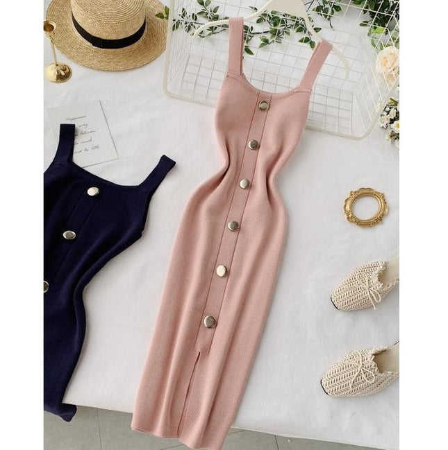Summer Womens Fashion Dress Vent Button Sleeveless Halter Square Collar Knit Dress