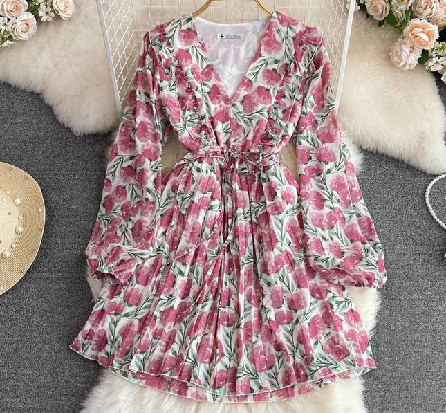 Autumn V-Neck Ruffled Long Sleeve Waisted A-Line Floral Pleated Casual Dresses