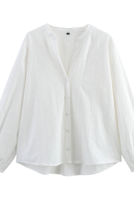 3 Colorway Embroidery Long Sleeve v Neck Buttons up Solid Color Casual Fashion Tops Blouse for Women