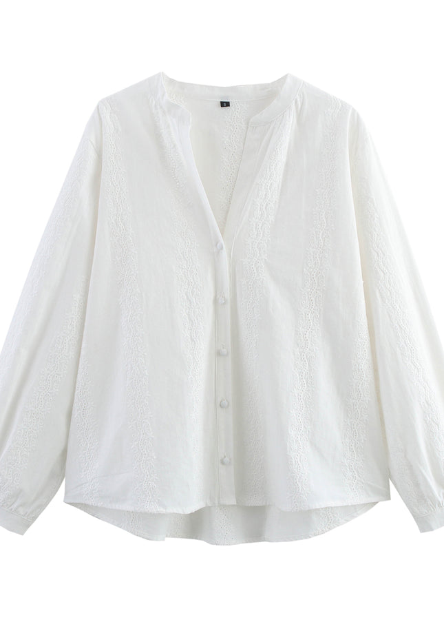 3 Colorway Embroidery Long Sleeve v Neck Buttons up Solid Color Casual Fashion Tops Blouse for Women