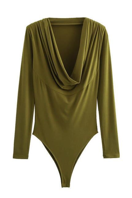 V Collar Design Long Sleeve Green Color Casual Fashion Bodysuit Jumpsuit for Women