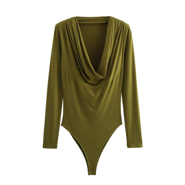 V Collar Design Long Sleeve Green Color Casual Fashion Bodysuit Jumpsuit for Women