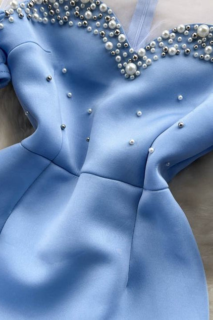 Women's Beads Bow Waist-tight First Love Sheath Fishtail Fairy Dress Female High Street Blue Dress