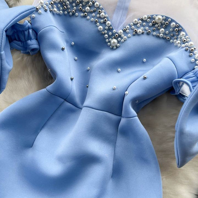 Women's Beads Bow Waist-tight First Love Sheath Fishtail Fairy Dress Female High Street Blue Dress