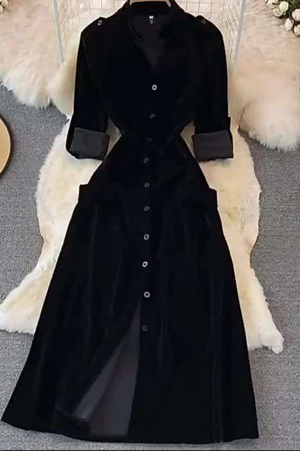 French Vintage Single-Breasted Velvet Cardigan Dress Fall and Winter Fashion Long Dresses