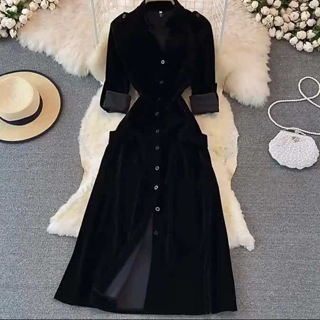 French Vintage Single-Breasted Velvet Cardigan Dress Fall and Winter Fashion Long Dresses