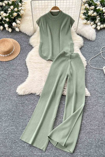 Two-piece Knitted Suit for Women Loose-fitting Round-neck Sleeveless Top Slit High-waisted Wide-leg Trousers