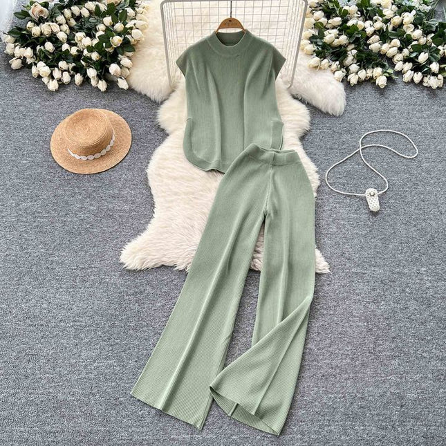 Two-piece Knitted Suit for Women Loose-fitting Round-neck Sleeveless Top Slit High-waisted Wide-leg Trousers
