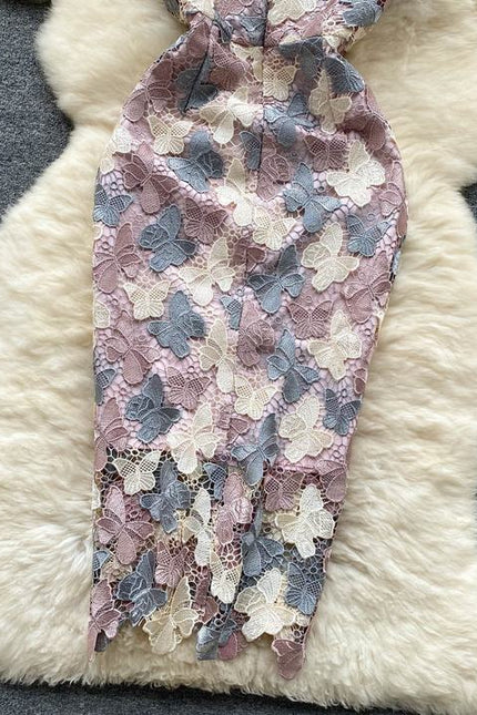 Temperament High-grade butterfly Hollowed-out Hook Flower Lace Dress Female Waist Elegant Package Hip Skirt