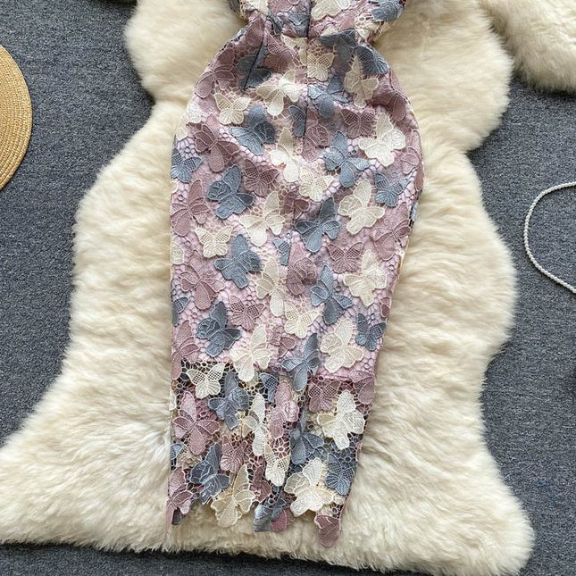 Temperament High-grade butterfly Hollowed-out Hook Flower Lace Dress Female Waist Elegant Package Hip Skirt