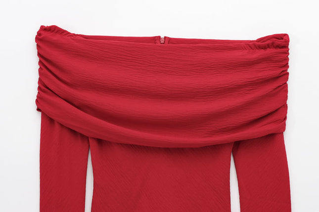 Slash Neck Long Sleeve Red Color Pleated Back Zipper Fly Casual Fashion Tops Shirts for Women