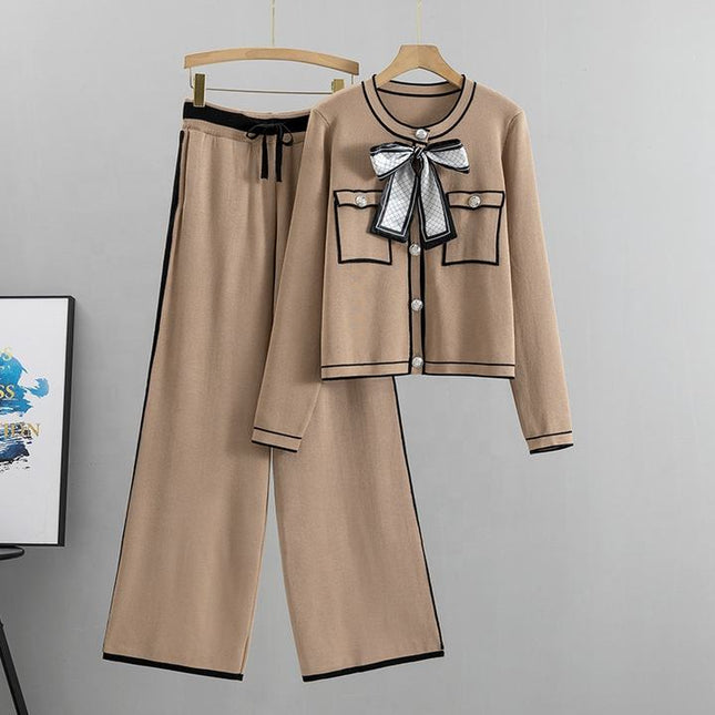 Fashion Professional Suit Women's Autumn Age-reducing Temperament Knitted Western Wide-leg Pants Two-piece Set