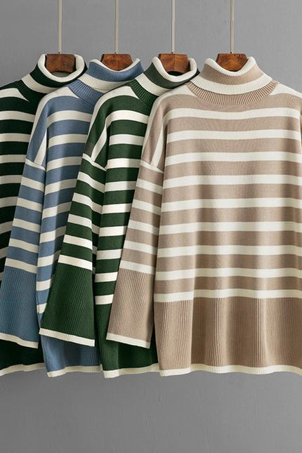 Women's Turtleneck Striped Pullover Sweater Large Size Loose Casual Knit Top Street Wear Long Sleeve Fashion Basic Sweater