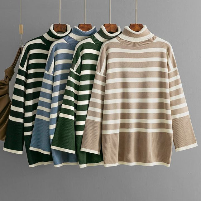 Women's Turtleneck Striped Pullover Sweater Large Size Loose Casual Knit Top Street Wear Long Sleeve Fashion Basic Sweater