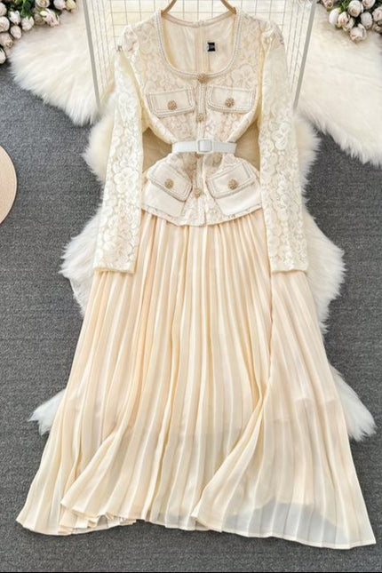 Wholesale 2024 Autumn Temperament Two Piece Long Sleeve Square Neck Lace Spliced Waist a Line Large Fold Women's Dress