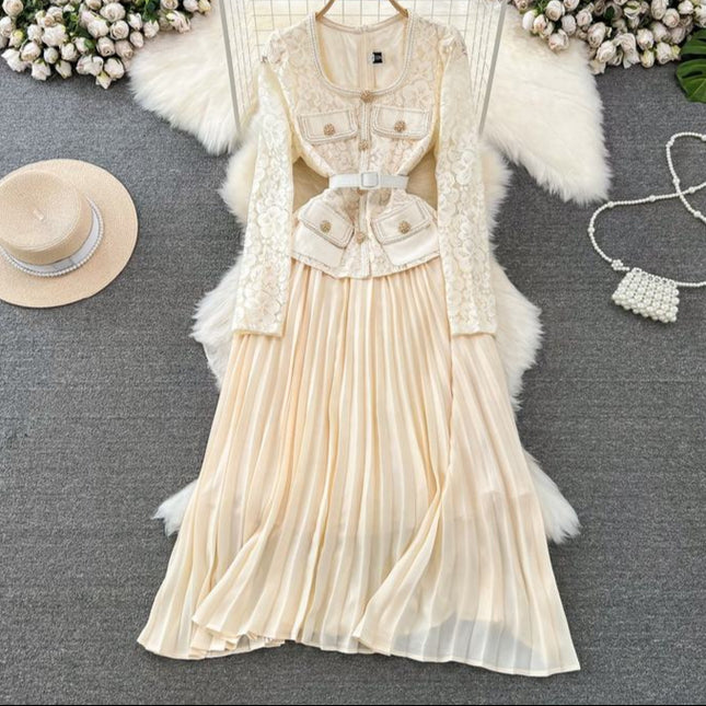 Wholesale 2024 Autumn Temperament Two Piece Long Sleeve Square Neck Lace Spliced Waist a Line Large Fold Women's Dress