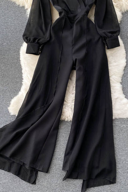 Women's Temperament V-neck High-end Jumpsuit High Waisted and Slim Mesh Patchwork Jumpsuit